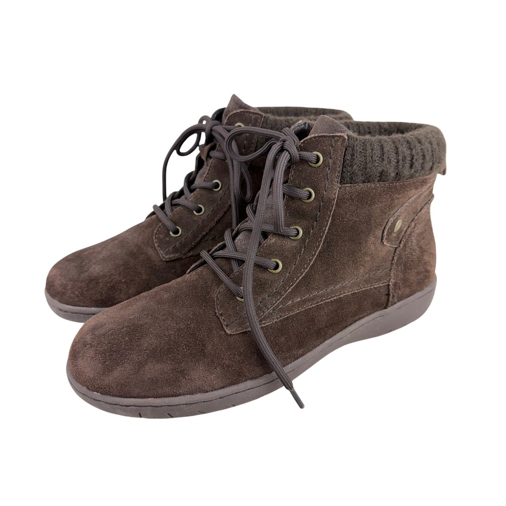 Trotters Ciarra Brown Suede Lace Up Ankle Boots Knit Collar Womens 8W 30728